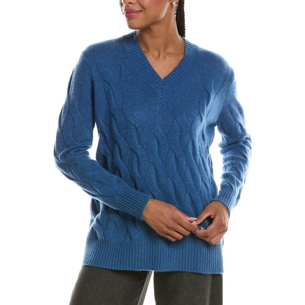 Forte Cashmere Womens Long Cable V-Neck Cashmere Sweater, Blue